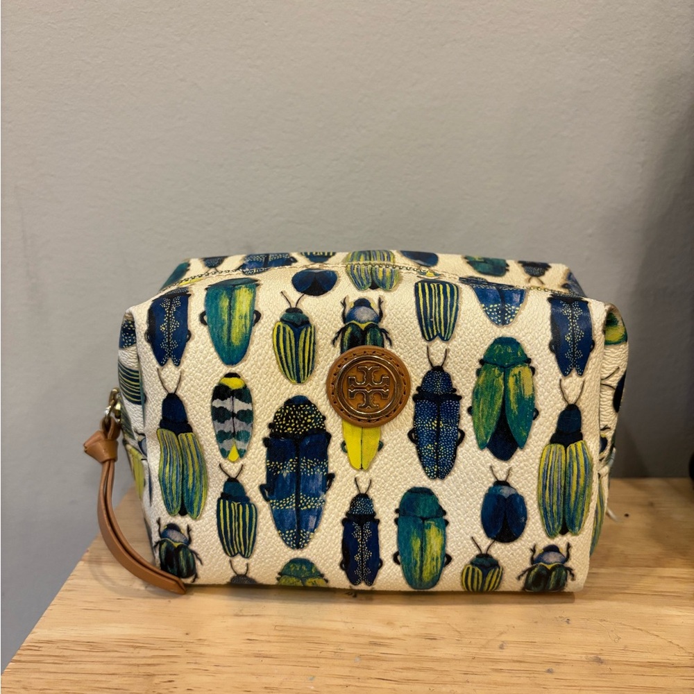 Tory Burch Blue and Green Cosmetic Bag with Beetle Print